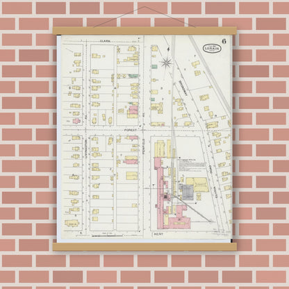 Old map wall art mockup — magnetic wood frame on brick wall — Sanborn Fire Insurance Map from Lorain, Lorain County, Ohio (1893), Sheet #0006