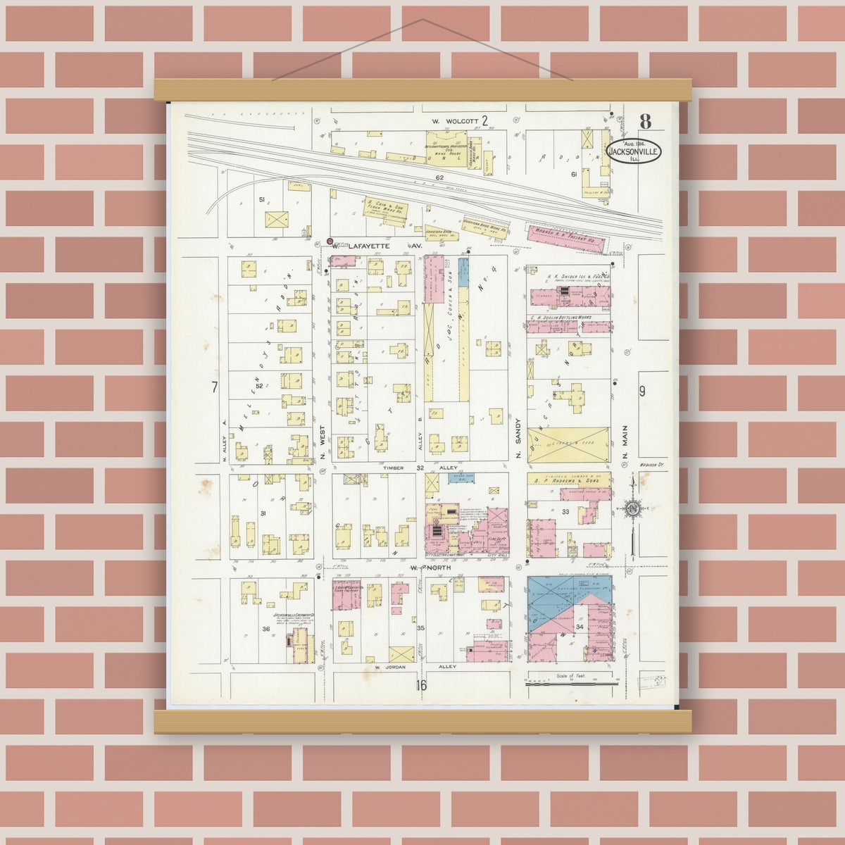 Old map wall art mockup — magnetic wood frame on brick wall — Sanborn Fire Insurance Map from Jacksonville, Morgan County, Illinois (1914), Sheet #0008