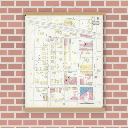 Old map wall art mockup — magnetic wood frame on brick wall — Sanborn Fire Insurance Map from Jacksonville, Morgan County, Illinois (1914), Sheet #0008