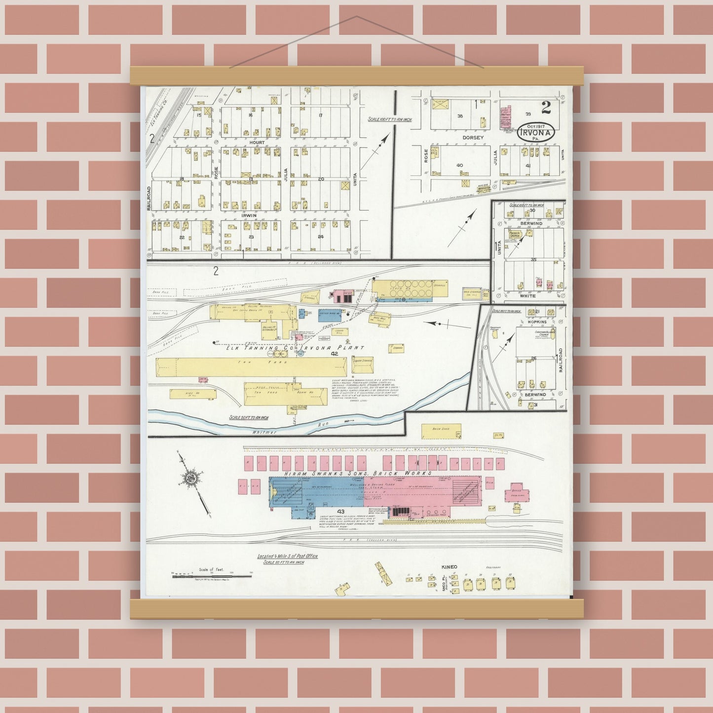 Old map wall art mockup — magnetic wood frame on brick wall — Sanborn Fire Insurance Map from Irvona, Clearfield County, Pennsylvania (1917), Sheet #0002