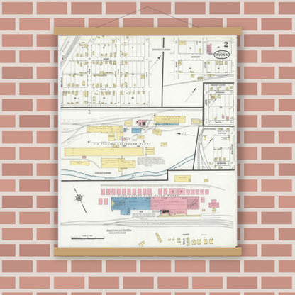 Old map wall art mockup — magnetic wood frame on brick wall — Sanborn Fire Insurance Map from Irvona, Clearfield County, Pennsylvania (1917), Sheet #0002