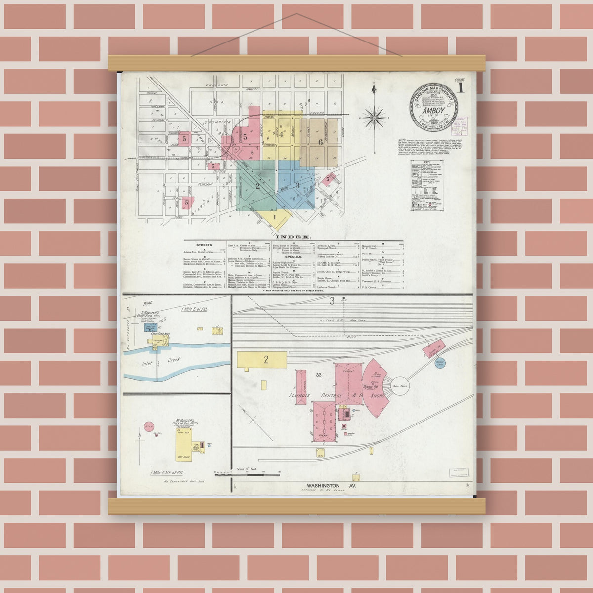 Old map wall art mockup — magnetic wood frame on brick wall — Sanborn Fire Insurance Map from Amboy, Lee County, Illinois (1902), Sheet #0001
