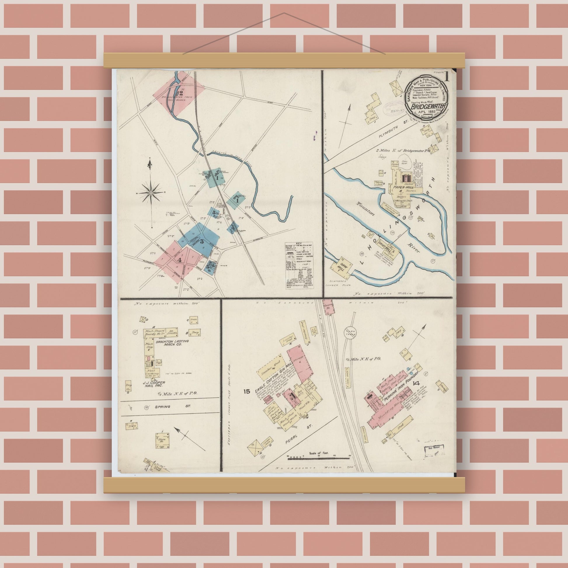 Old map wall art mockup — magnetic wood frame on brick wall — Sanborn Fire Insurance Map from Bridgewater, Plymouth County, Massachusetts (1885) - Complete Map Set