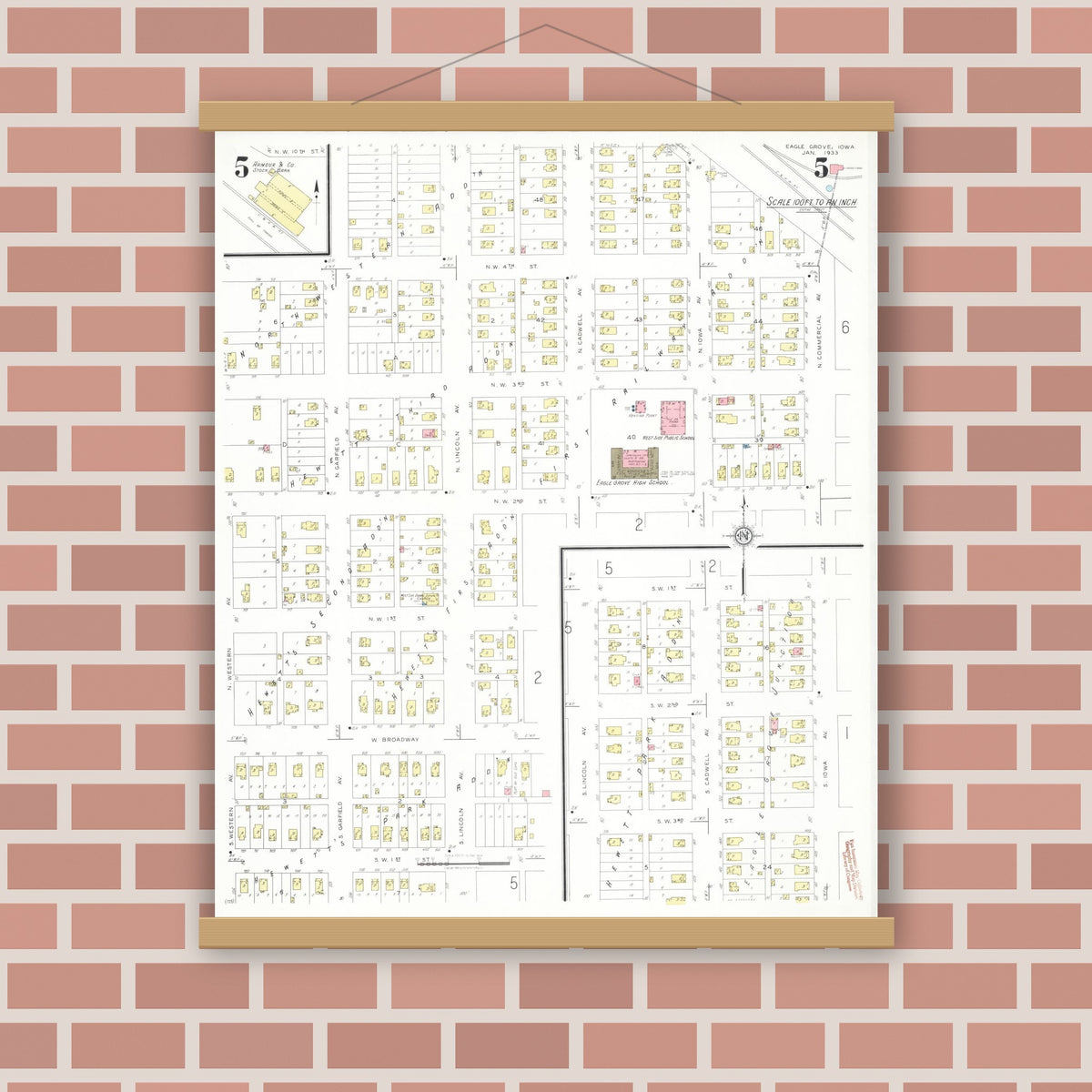 Old map wall art mockup — magnetic wood frame on brick wall — Sanborn Fire Insurance Map from Eagle Grove, Wright County, Iowa (1933), Sheet #0005