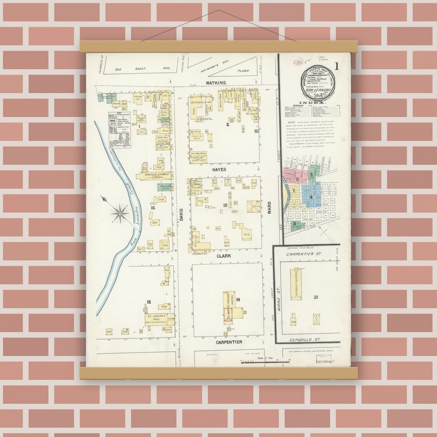 Old map wall art mockup — magnetic wood frame on brick wall — Sanborn Fire Insurance Map from San Leandro, Alameda County, California (1890) - Complete Map Set