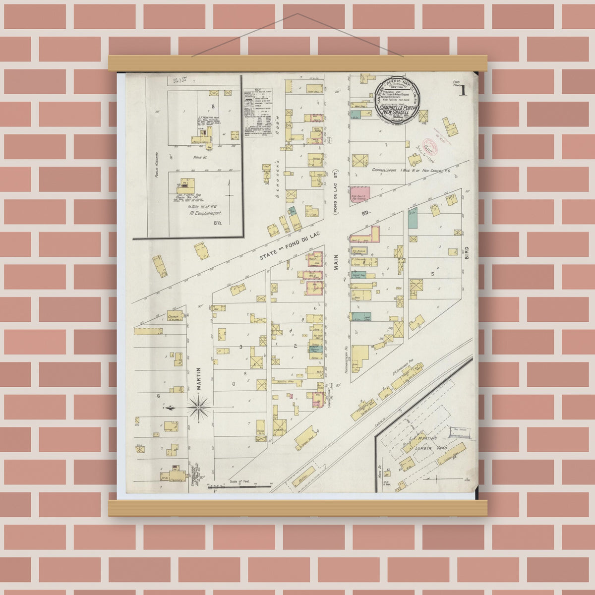 Old map wall art mockup — magnetic wood frame on brick wall — Sanborn Fire Insurance Map from Campbellsport, Fond du Lac County, Wisconsin (1894), Sheet #0001
