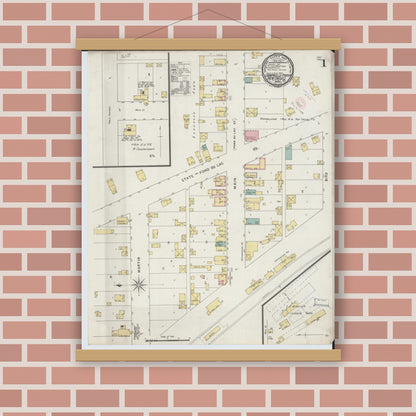 Old map wall art mockup — magnetic wood frame on brick wall — Sanborn Fire Insurance Map from Campbellsport, Fond du Lac County, Wisconsin (1894), Sheet #0001