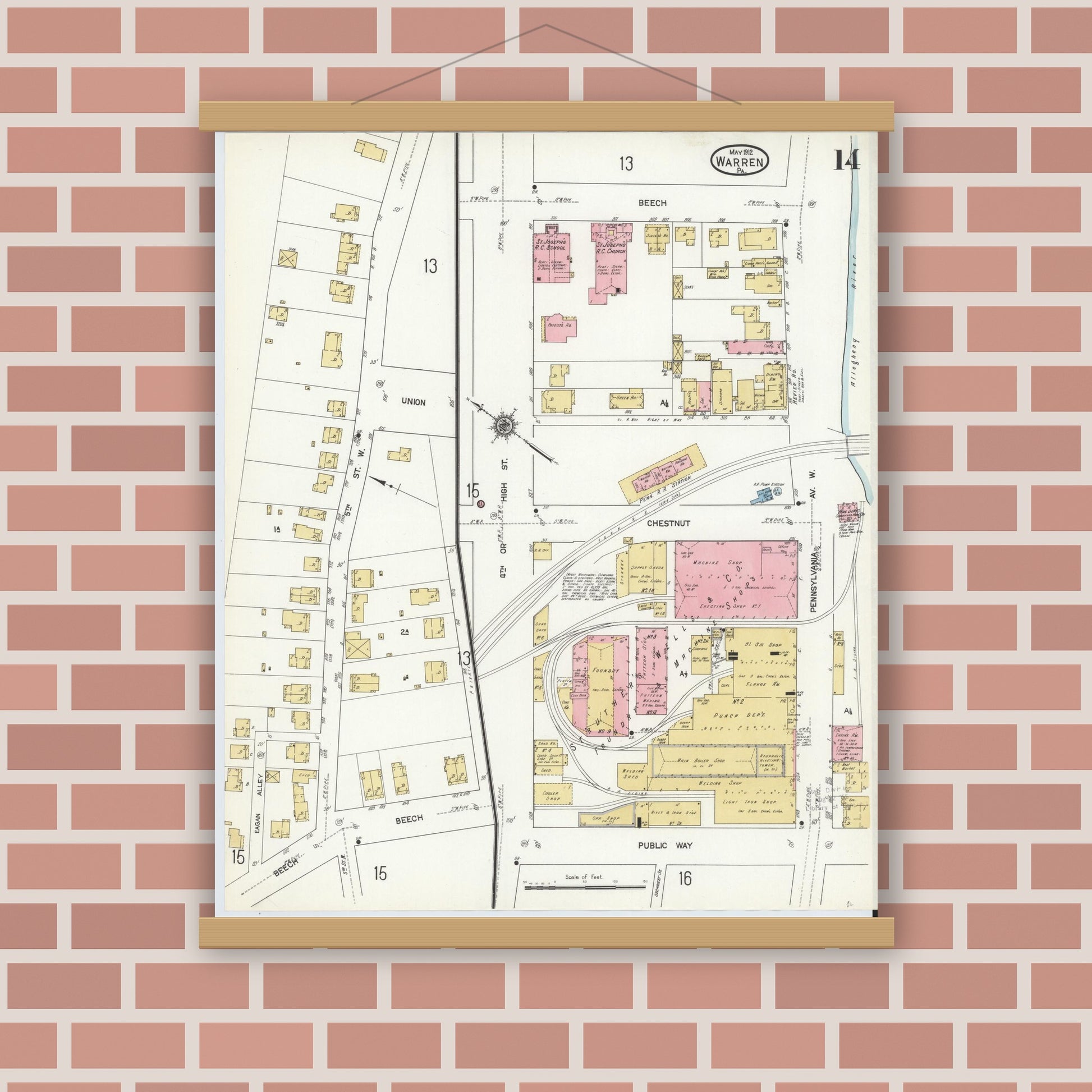 Old map wall art mockup — magnetic wood frame on brick wall — Sanborn Fire Insurance Map from Warren, Warren County, Pennsylvania (1912), Sheet #0014