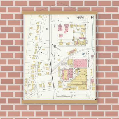 Old map wall art mockup — magnetic wood frame on brick wall — Sanborn Fire Insurance Map from Warren, Warren County, Pennsylvania (1912), Sheet #0014