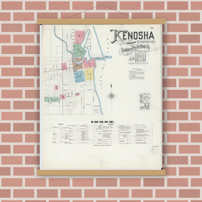 Old map wall art mockup — magnetic wood frame on brick wall — Sanborn Fire Insurance Map from Kenosha, Kenosha County, Wisconsin (1890) - Complete Map Set