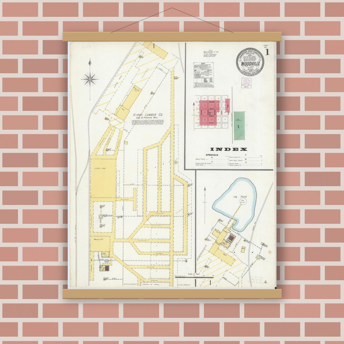 Old map wall art mockup — magnetic wood frame on brick wall — Sanborn Fire Insurance Map from Woodville, Tyler County, Texas (1904) - Complete Map Set