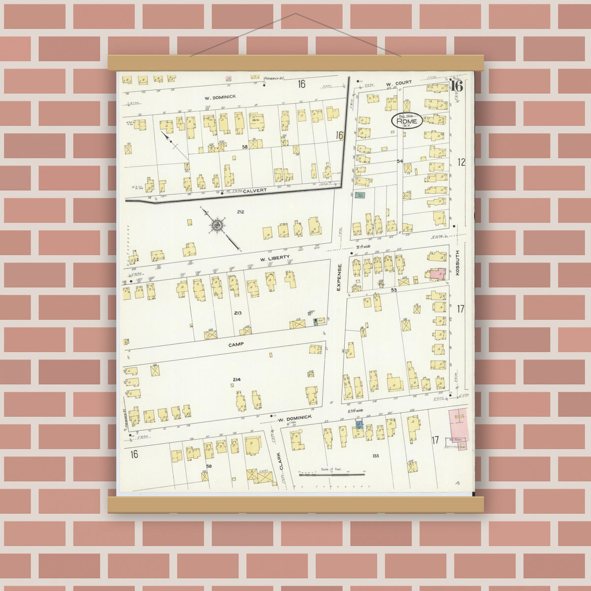 Old map wall art mockup — magnetic wood frame on brick wall — Sanborn Fire Insurance Map from Rome, Oneida County, New York (1909), Sheet #0016