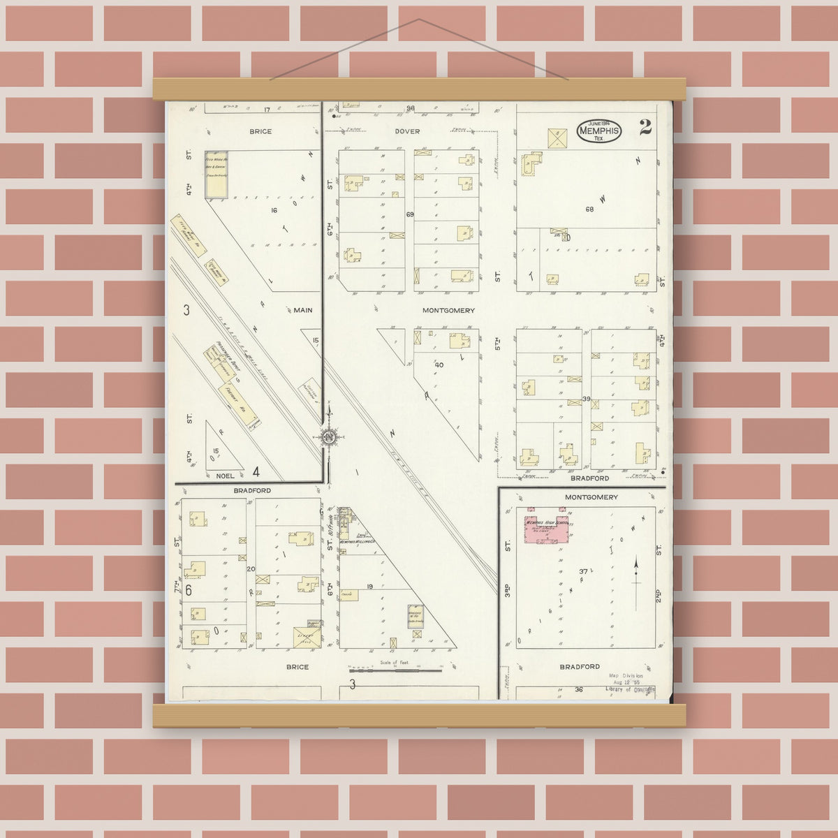 Old map wall art mockup — magnetic wood frame on brick wall — Sanborn Fire Insurance Map from Memphis, Hall County, Texas (1914), Sheet #0002