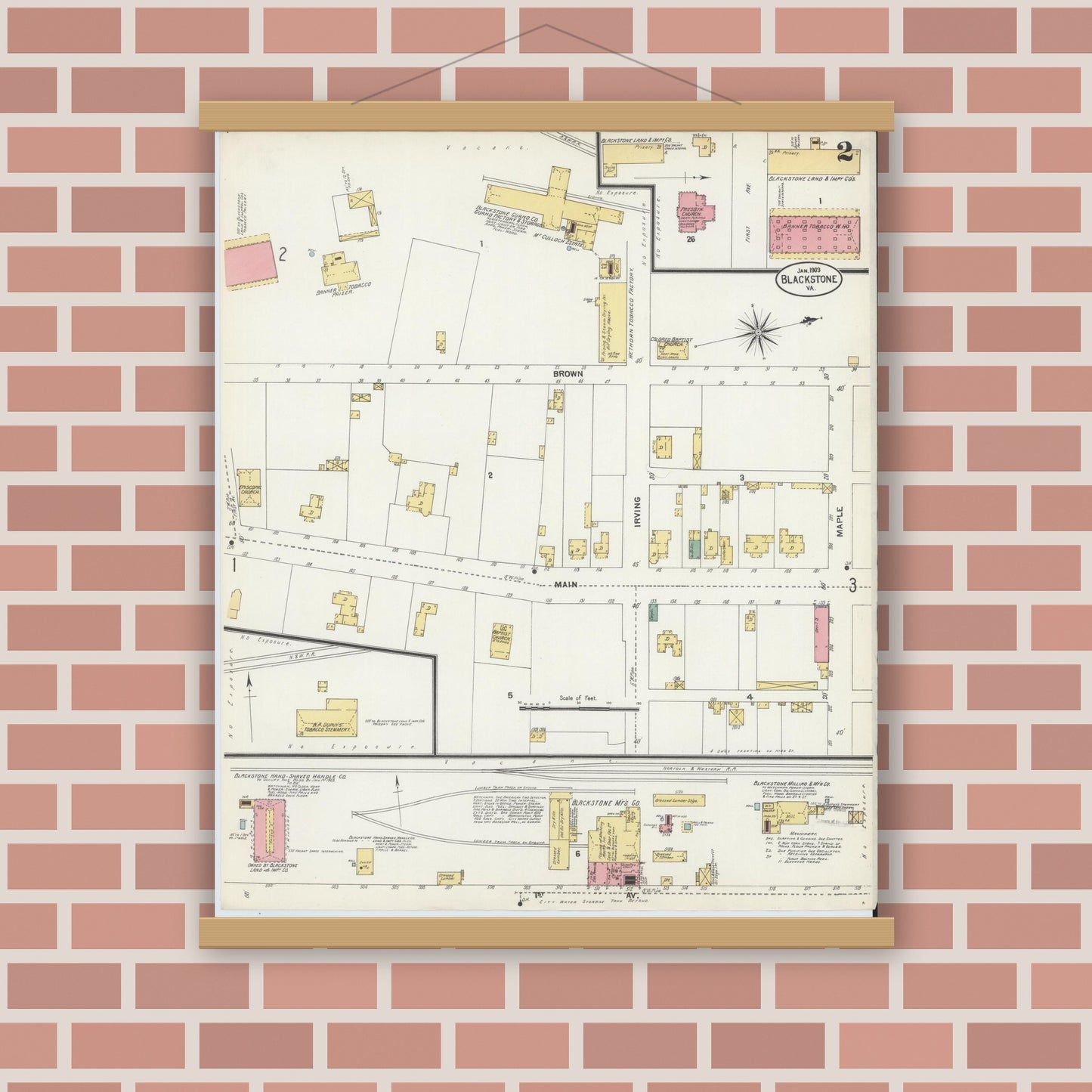 Old map wall art mockup — magnetic wood frame on brick wall — Sanborn Fire Insurance Map from Blackstone, Nottoway County, Virginia (1903), Sheet #0002