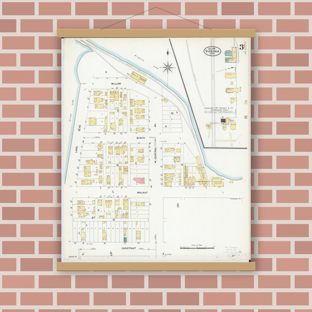 Old map wall art mockup — magnetic wood frame on brick wall — Sanborn Fire Insurance Map from Virginia, Saint Louis County, Minnesota (1908), Sheet #0003