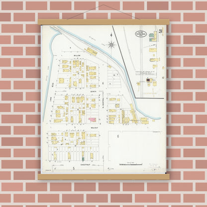 Old map wall art mockup — magnetic wood frame on brick wall — Sanborn Fire Insurance Map from Virginia, Saint Louis County, Minnesota (1908), Sheet #0003