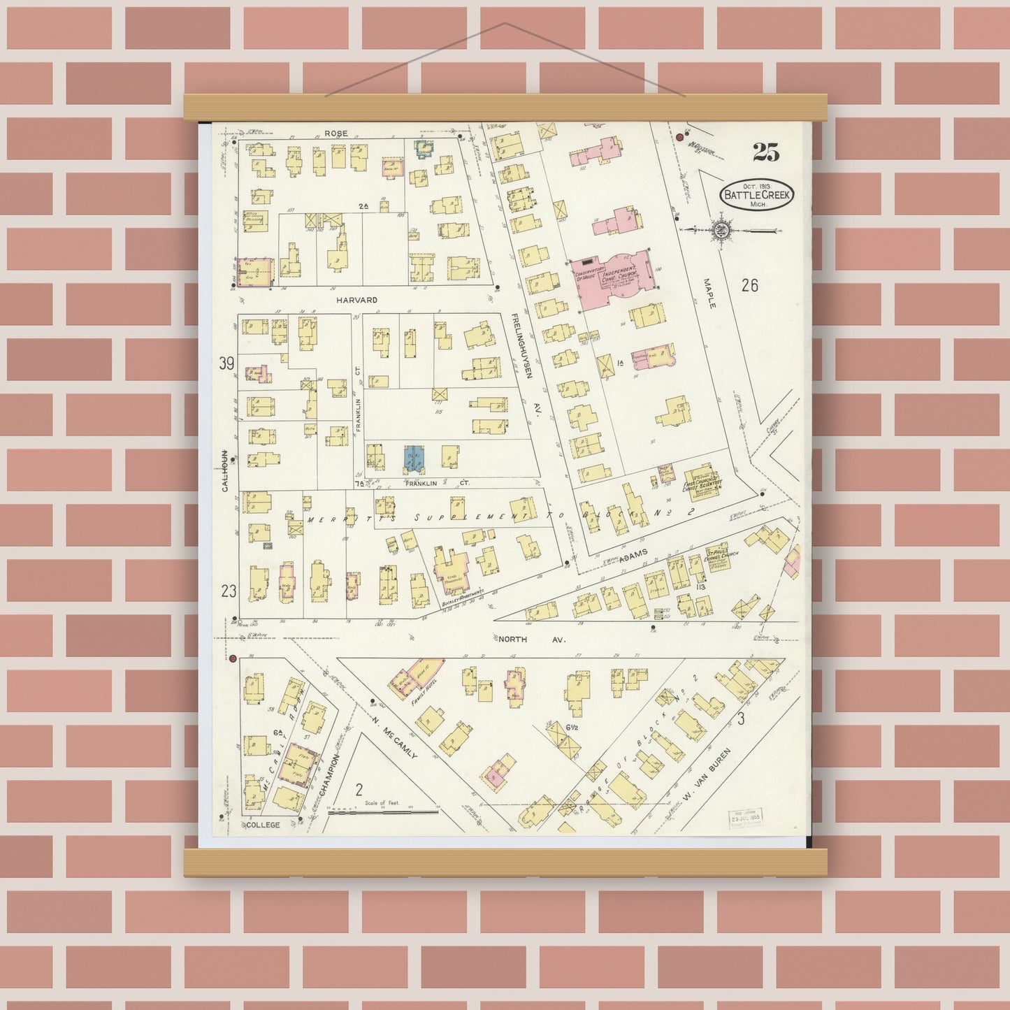 Old map wall art mockup — magnetic wood frame on brick wall — Sanborn Fire Insurance Map from Battle Creek, Calhoun County, Michigan (1913), Sheet #0025