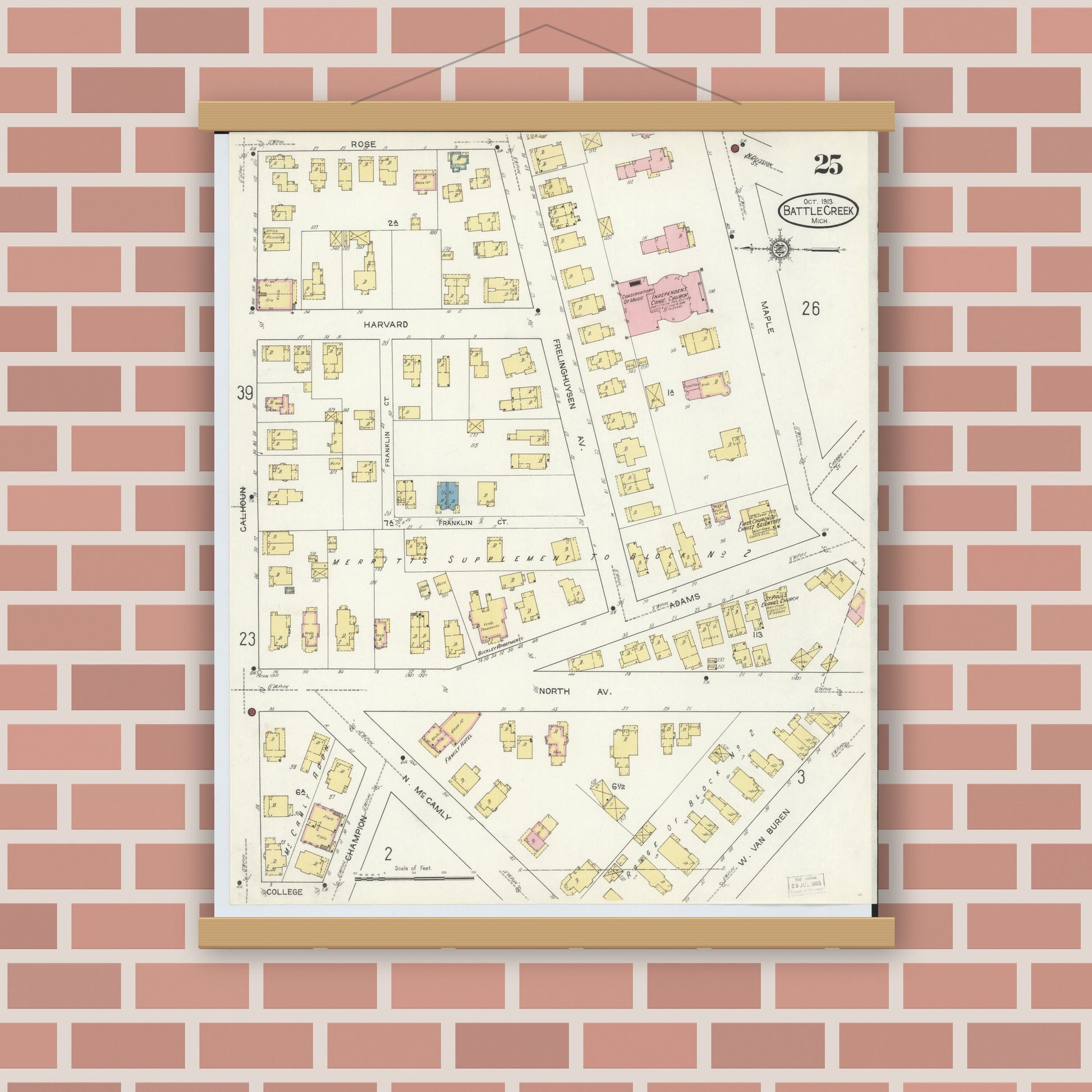 Old map wall art mockup — magnetic wood frame on brick wall — Sanborn Fire Insurance Map from Battle Creek, Calhoun County, Michigan (1913), Sheet #0025