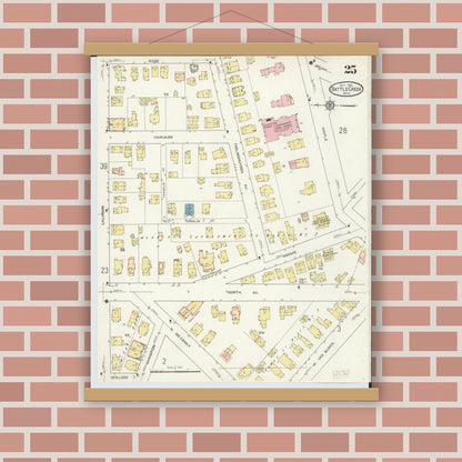 Old map wall art mockup — magnetic wood frame on brick wall — Sanborn Fire Insurance Map from Battle Creek, Calhoun County, Michigan (1913), Sheet #0025