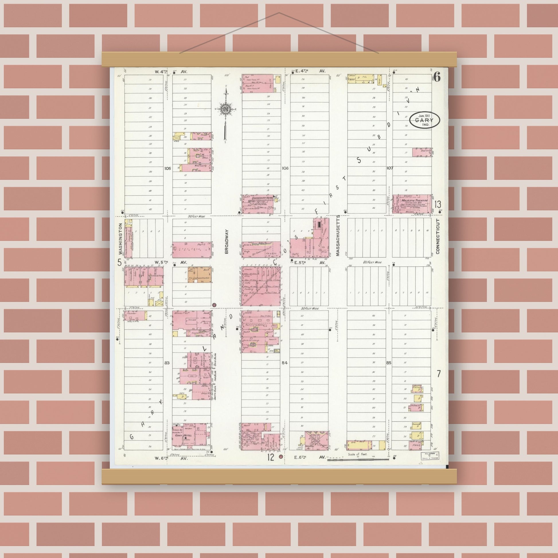 Old map wall art mockup — magnetic wood frame on brick wall — Sanborn Fire Insurance Map from Gary, Lake County, Indiana (1911), Sheet #0006