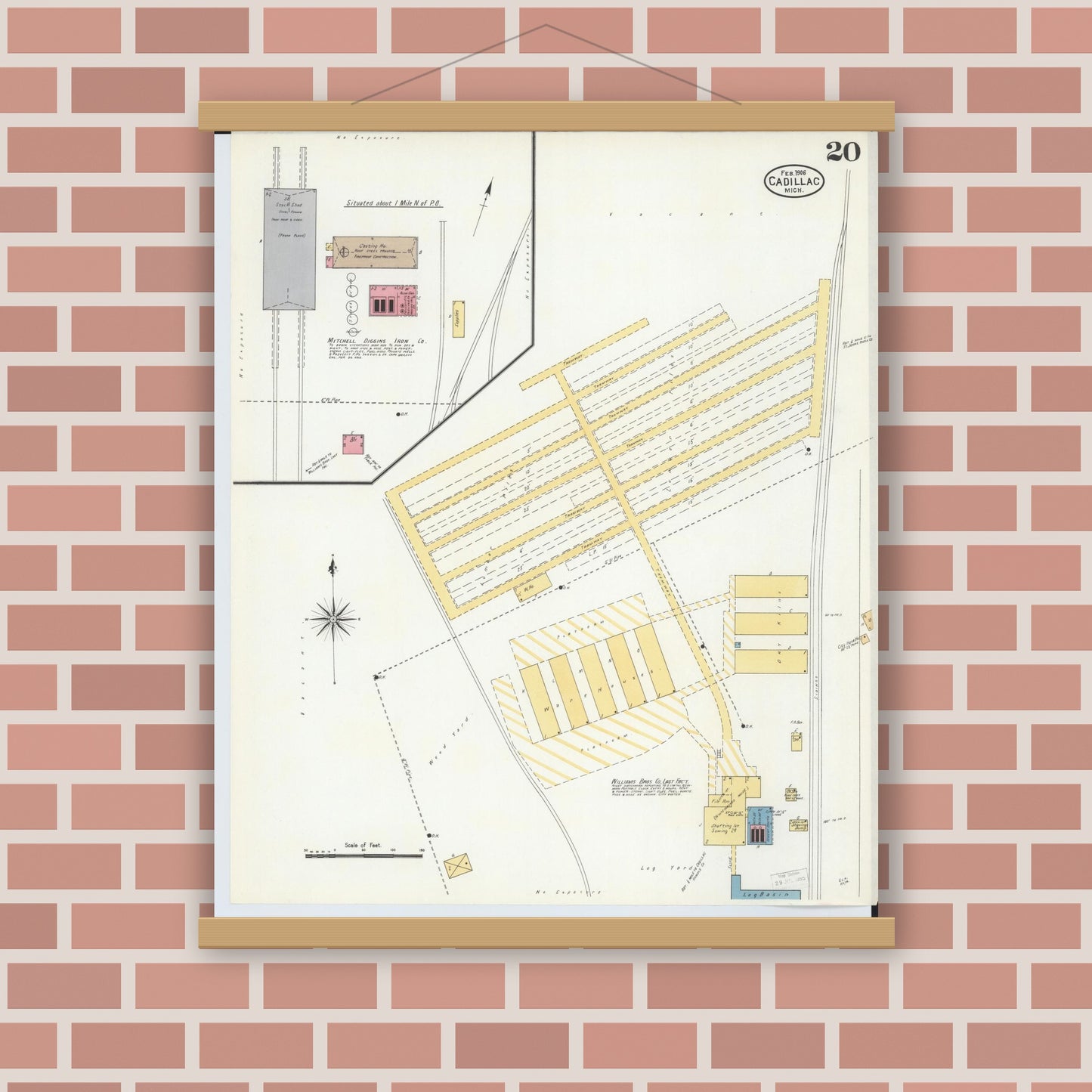Old map wall art mockup — magnetic wood frame on brick wall — Sanborn Fire Insurance Map from Cadillac, Wexford County, Michigan (1906), Sheet #0020