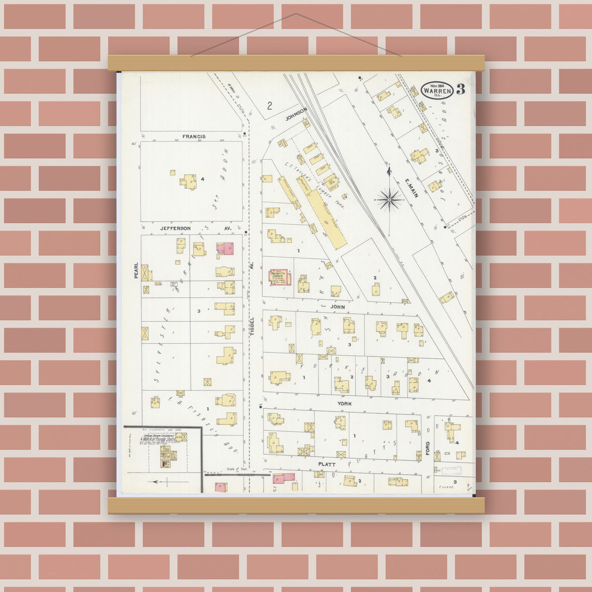 Old map wall art mockup — magnetic wood frame on brick wall — Sanborn Fire Insurance Map from Warren, Jo Daviess County, Illinois (1904), Sheet #0003