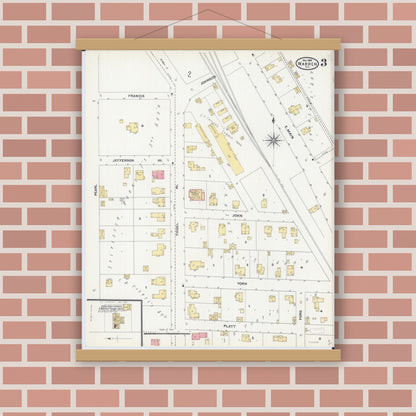 Old map wall art mockup — magnetic wood frame on brick wall — Sanborn Fire Insurance Map from Warren, Jo Daviess County, Illinois (1904), Sheet #0003