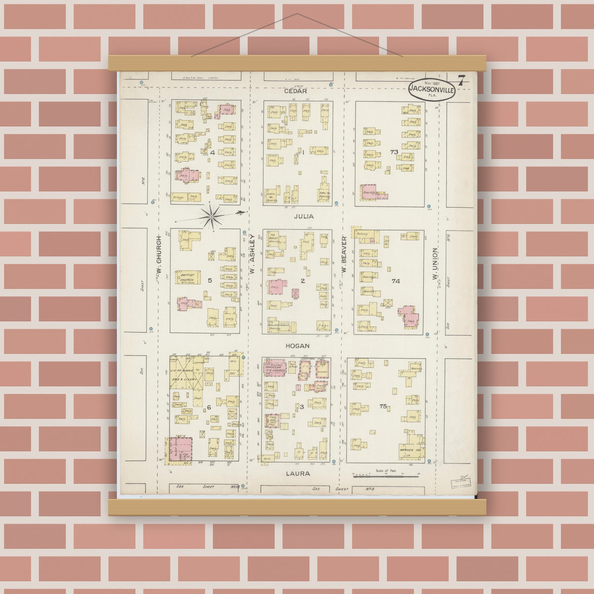 Old map wall art mockup — magnetic wood frame on brick wall — Sanborn Fire Insurance Map from Jacksonville, Duval County, Florida (1887), Sheet #0007