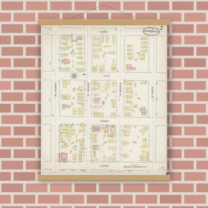 Old map wall art mockup — magnetic wood frame on brick wall — Sanborn Fire Insurance Map from Jacksonville, Duval County, Florida (1887), Sheet #0007