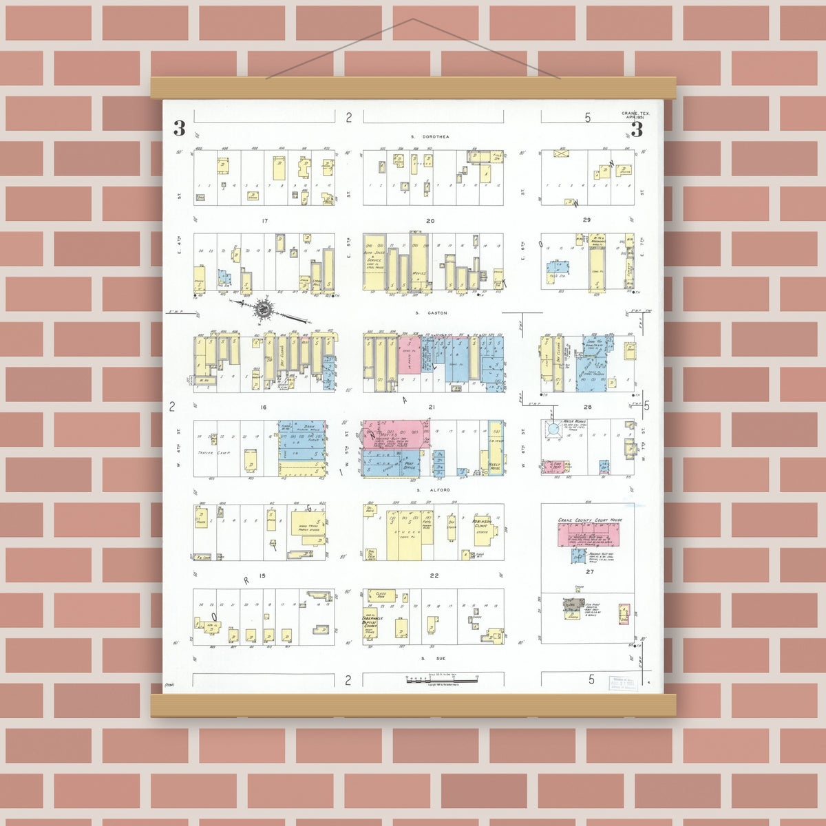 Old map wall art mockup — magnetic wood frame on brick wall — Sanborn Fire Insurance Map from Crane, Crane County, Texas (1951), Sheet #0003