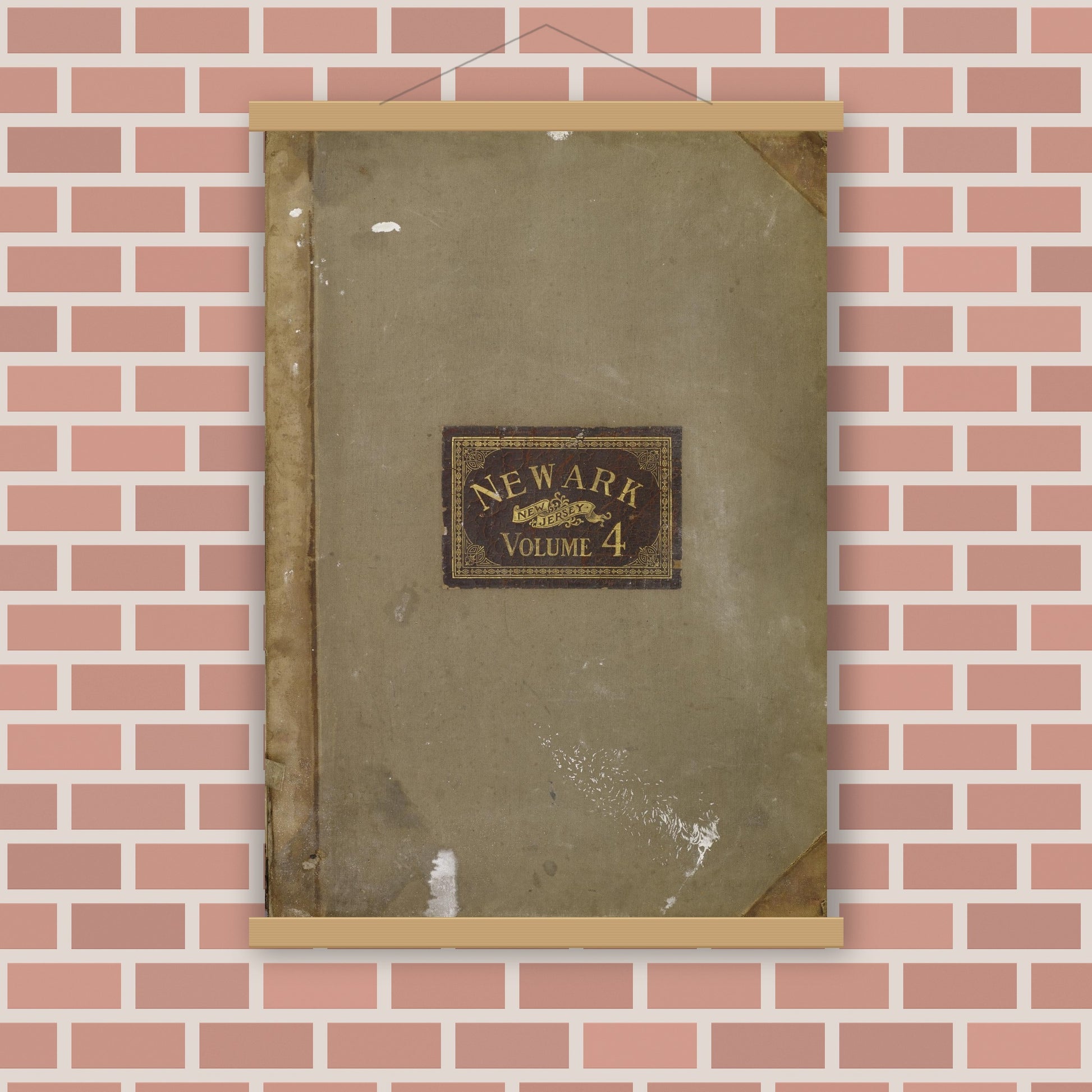 Old map wall art mockup — magnetic wood frame on brick wall — Sanborn Fire Insurance Map from Newark, Essex County, New Jersey (1909), Sheet #0001