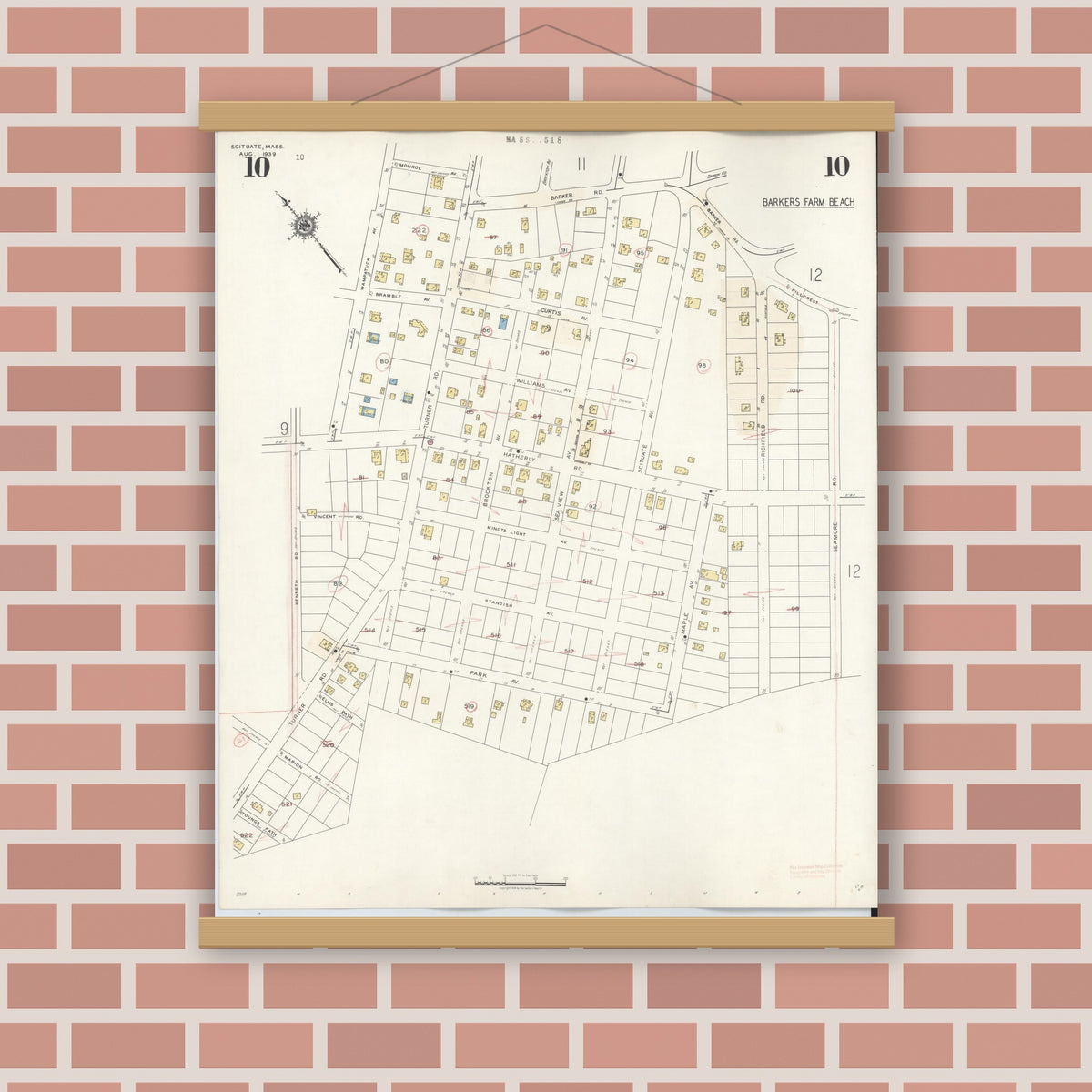 Old map wall art mockup — magnetic wood frame on brick wall — Sanborn Fire Insurance Map from Scituate, Plymouth County, Massachusetts (1944), Sheet #0010