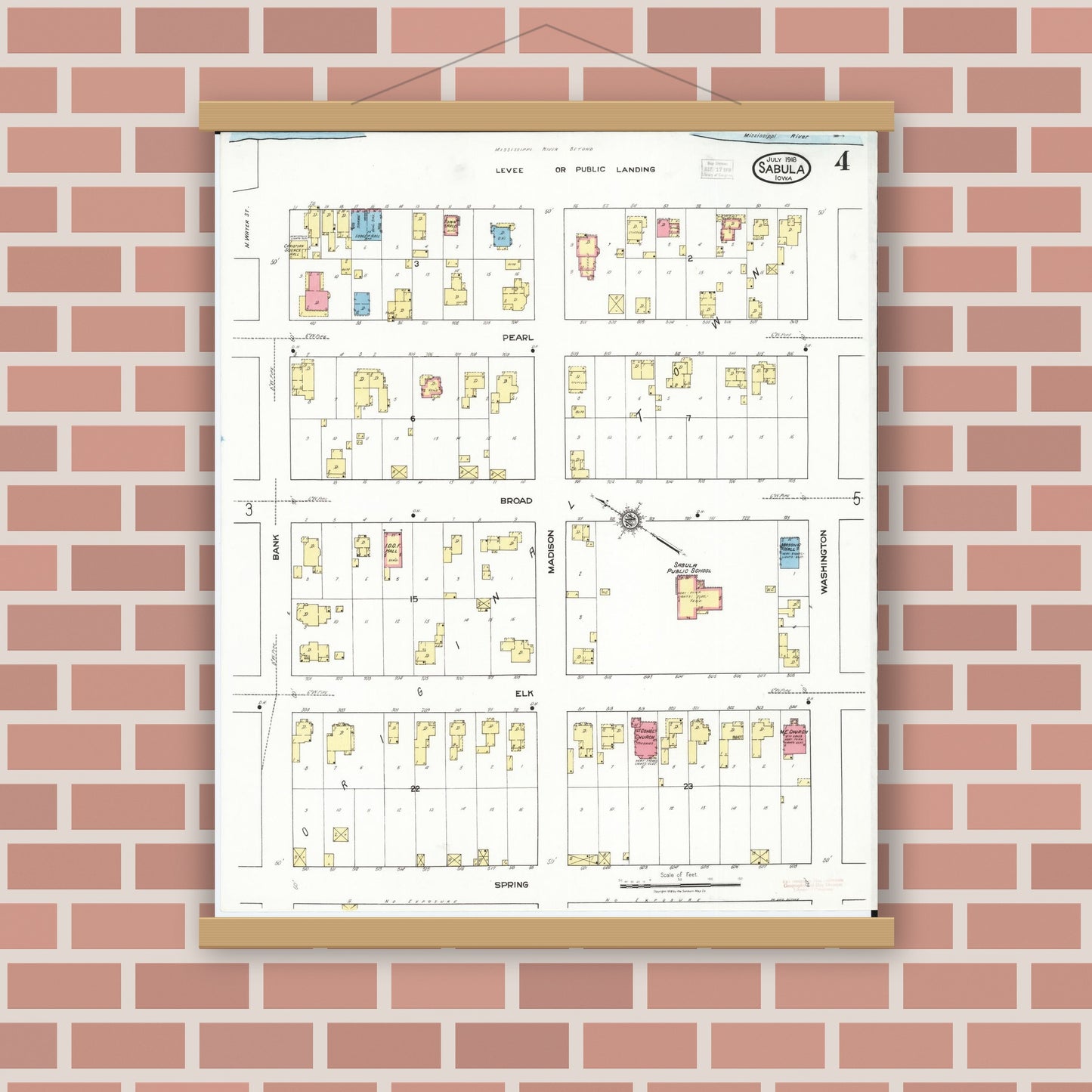 Old map wall art mockup — magnetic wood frame on brick wall — Sanborn Fire Insurance Map from Sabula, Jackson County, Iowa (1918), Sheet #0004