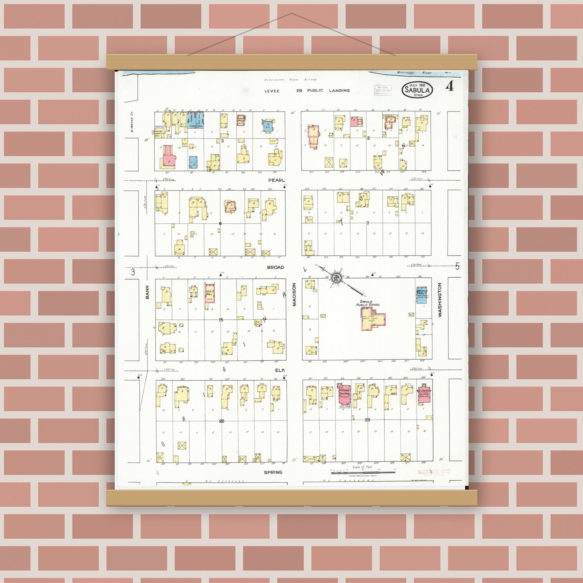 Old map wall art mockup — magnetic wood frame on brick wall — Sanborn Fire Insurance Map from Sabula, Jackson County, Iowa (1918), Sheet #0004
