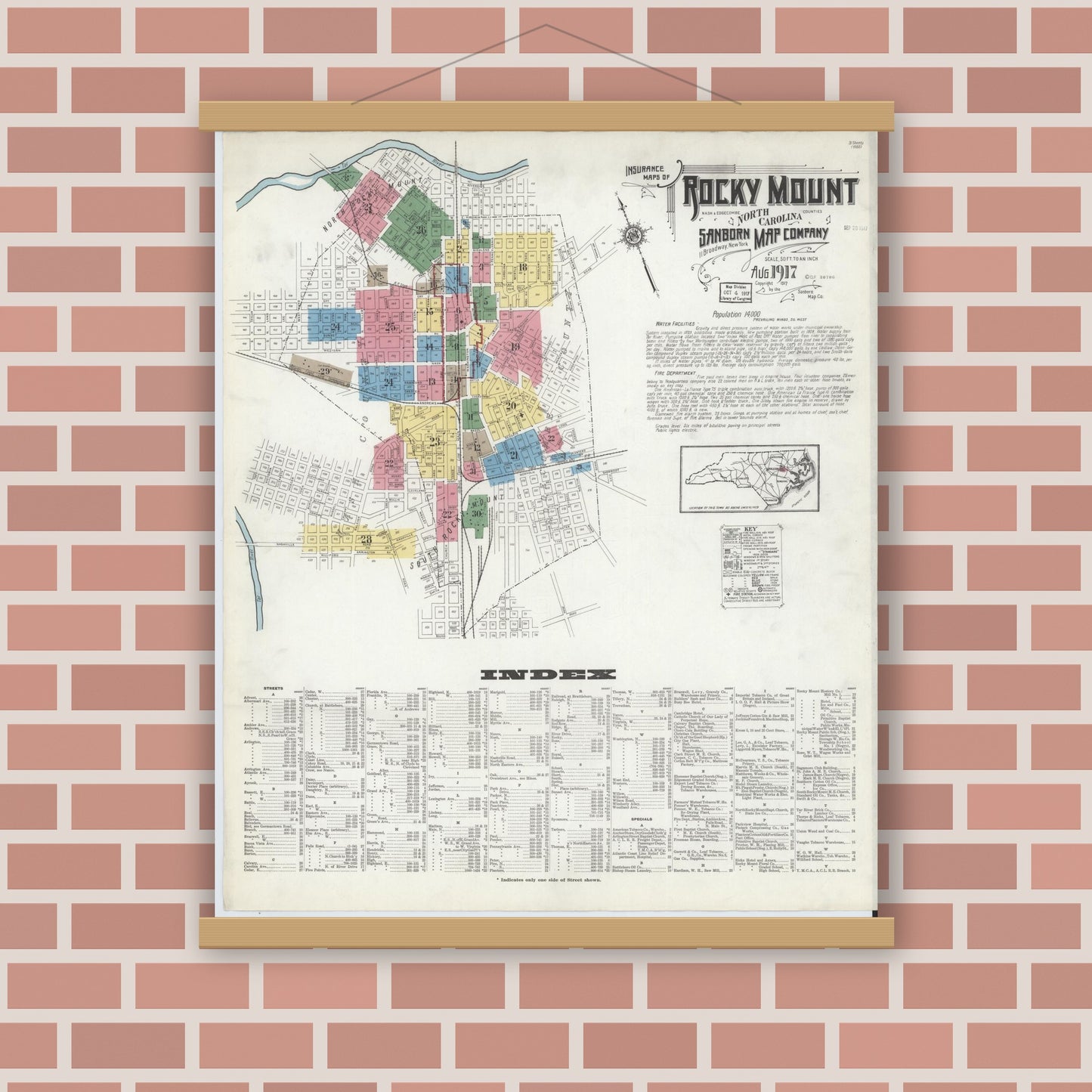 Old map wall art mockup — magnetic wood frame on brick wall — Sanborn Fire Insurance Map from Rocky Mount, Edgecombe And Nash Counties, North Carolina (1917), Sheet #0001