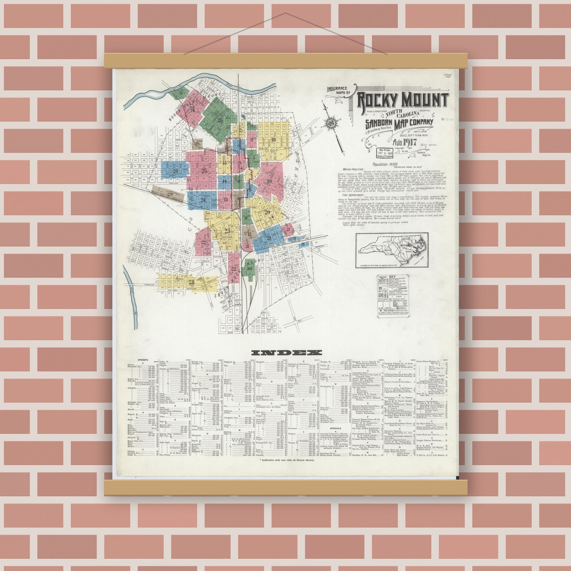 Old map wall art mockup — magnetic wood frame on brick wall — Sanborn Fire Insurance Map from Rocky Mount, Edgecombe And Nash Counties, North Carolina (1917), Sheet #0001
