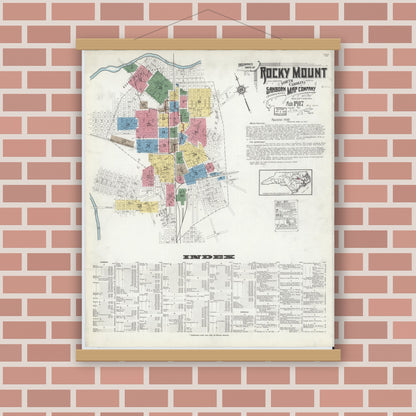 Old map wall art mockup — magnetic wood frame on brick wall — Sanborn Fire Insurance Map from Rocky Mount, Edgecombe And Nash Counties, North Carolina (1917), Sheet #0001