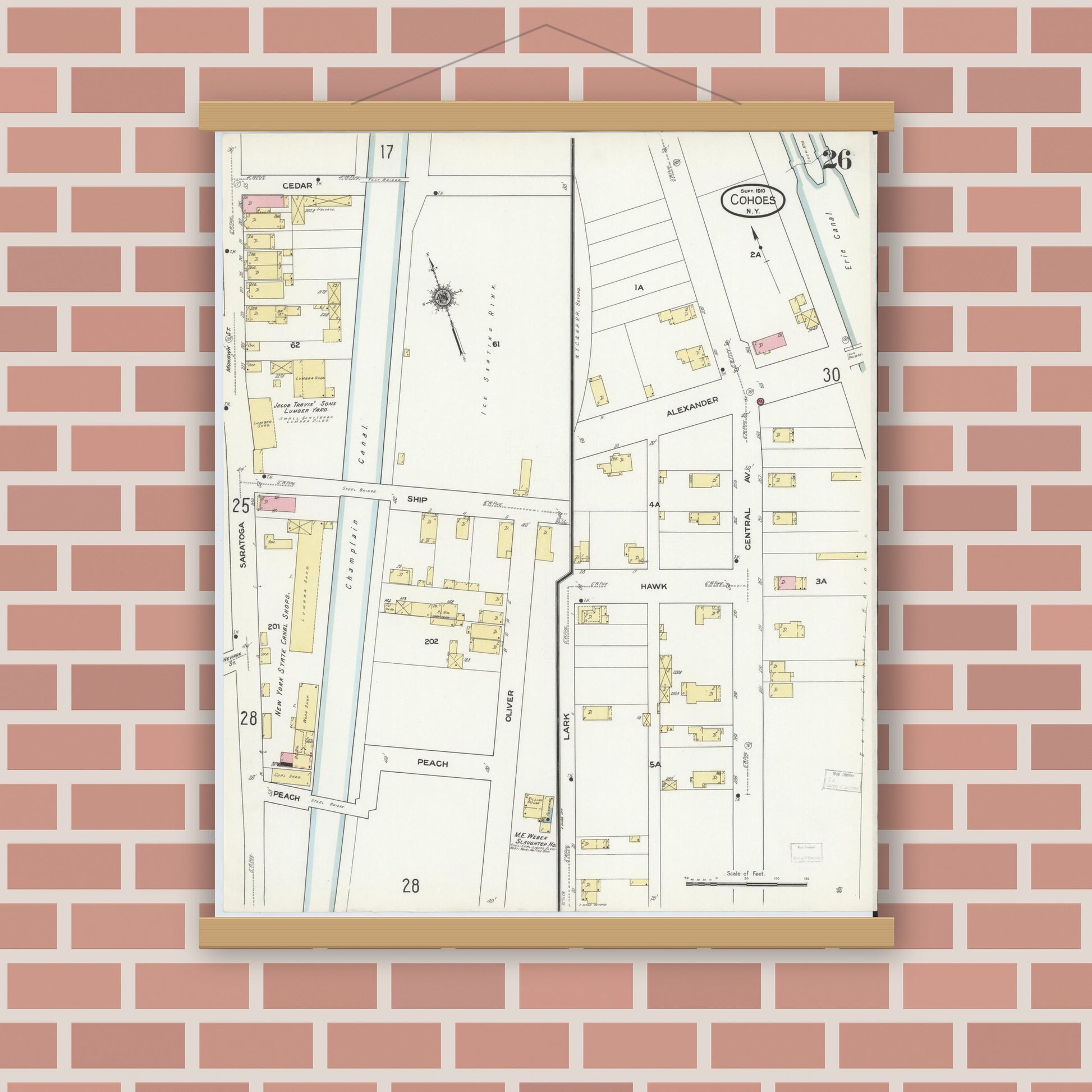 Old map wall art mockup — magnetic wood frame on brick wall — Sanborn Fire Insurance Map from Cohoes, Albany County, New York (1910), Sheet #0026