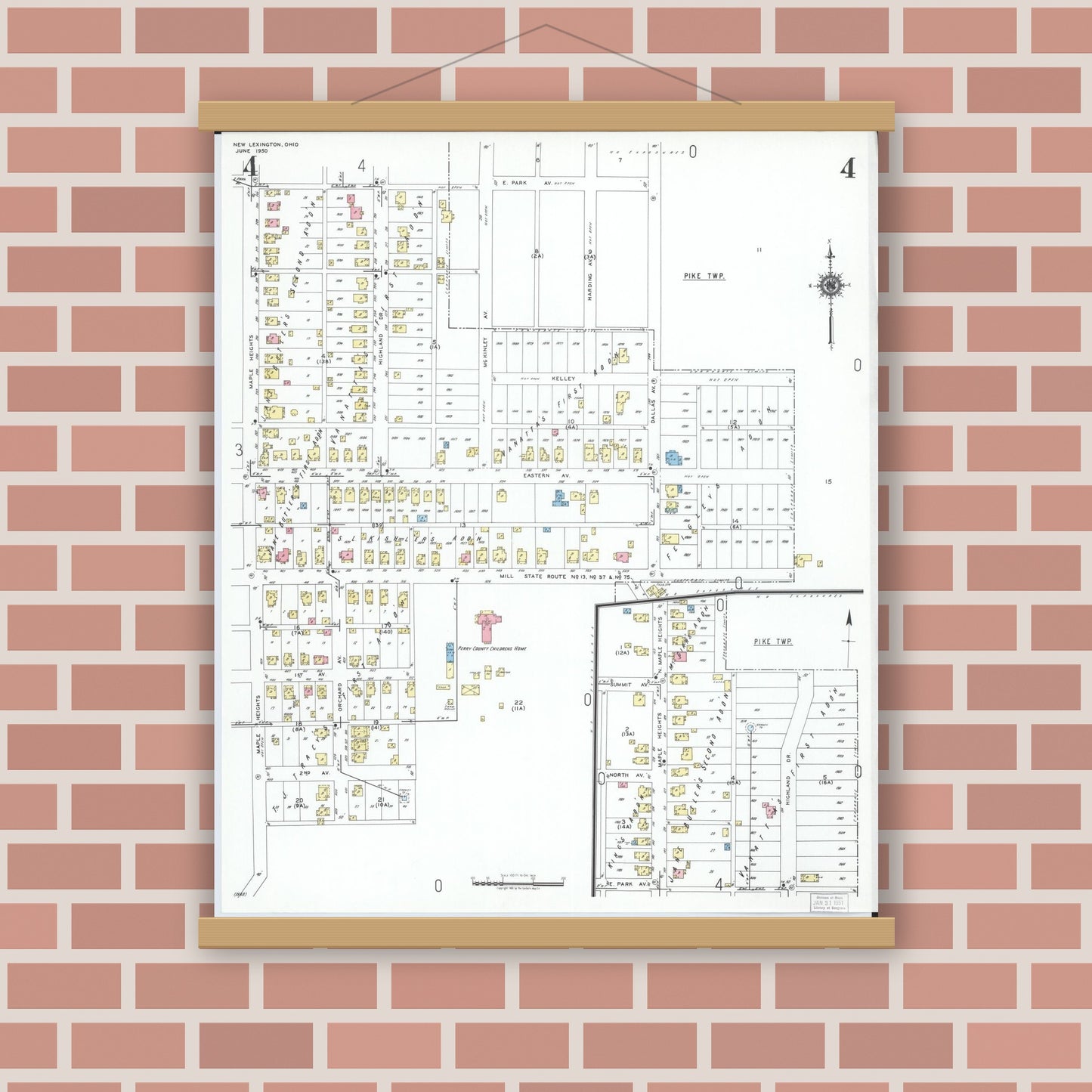 Old map wall art mockup — magnetic wood frame on brick wall — Sanborn Fire Insurance Map from New Lexington, Perry County, Ohio (1950), Sheet #0004