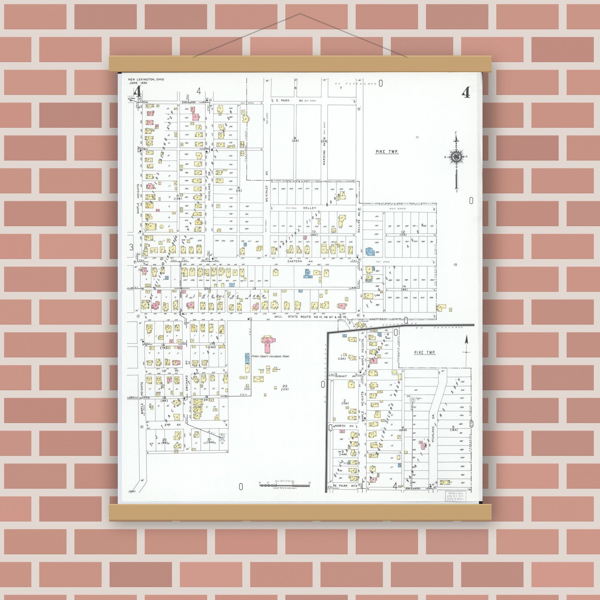 Old map wall art mockup — magnetic wood frame on brick wall — Sanborn Fire Insurance Map from New Lexington, Perry County, Ohio (1950), Sheet #0004