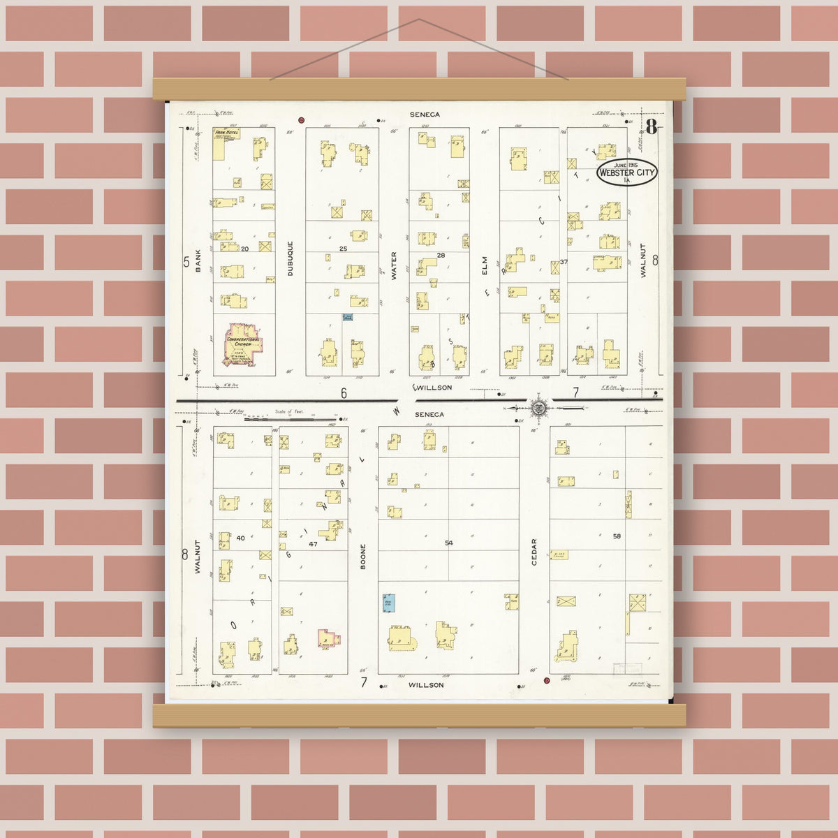 Old map wall art mockup — magnetic wood frame on brick wall — Sanborn Fire Insurance Map from Webster City, Hamilton County, Iowa (1915), Sheet #0008