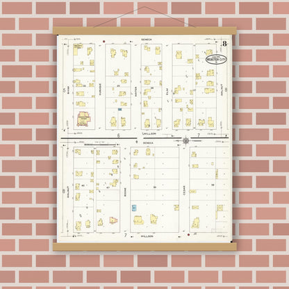 Old map wall art mockup — magnetic wood frame on brick wall — Sanborn Fire Insurance Map from Webster City, Hamilton County, Iowa (1915), Sheet #0008