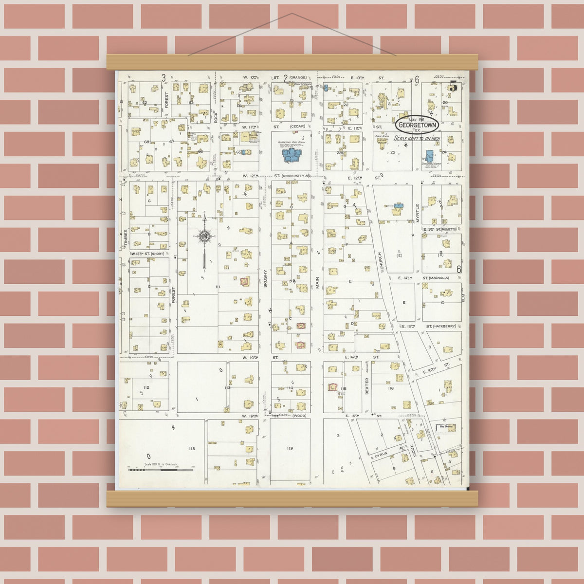 Old map wall art mockup — magnetic wood frame on brick wall — Sanborn Fire Insurance Map from Georgetown, Williamson County, Texas (1916), Sheet #0005