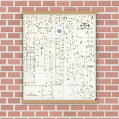 Old map wall art mockup — magnetic wood frame on brick wall — Sanborn Fire Insurance Map from Georgetown, Williamson County, Texas (1916), Sheet #0005