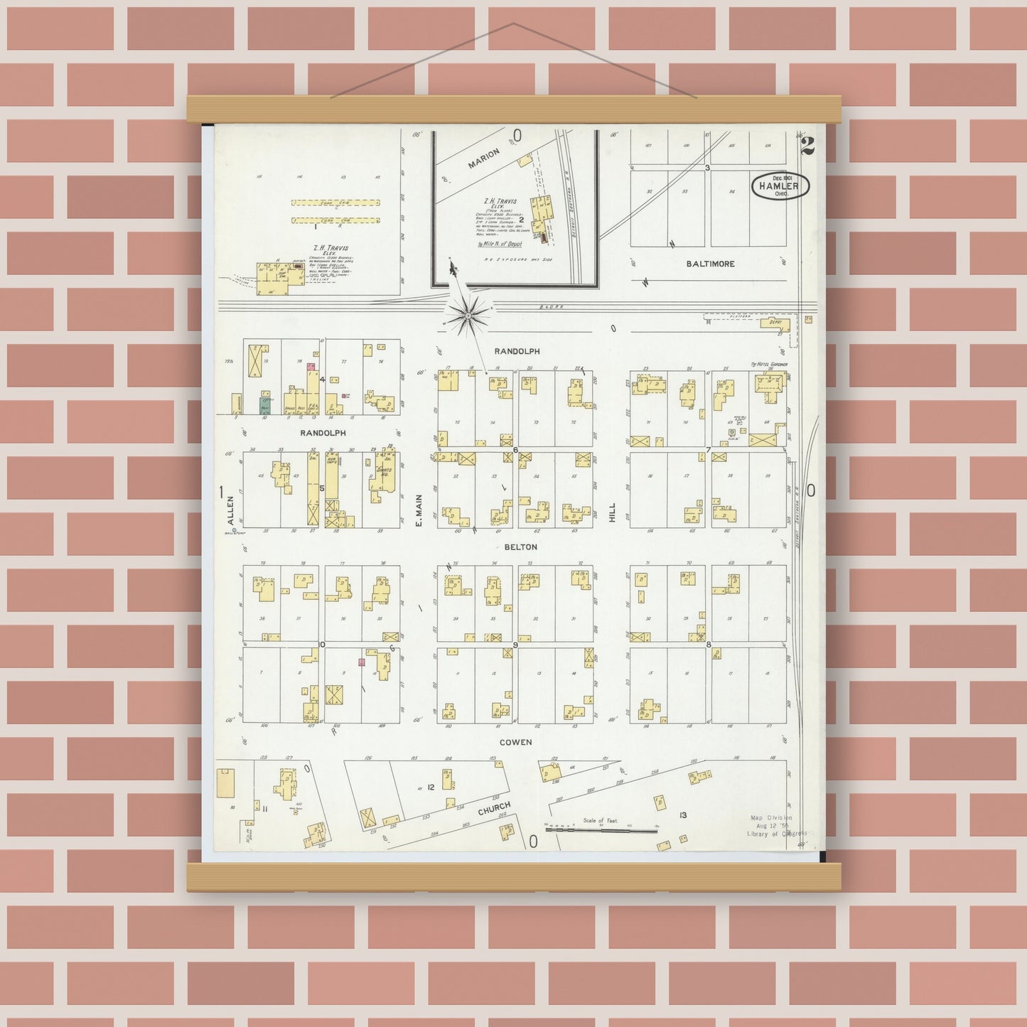 Old map wall art mockup — magnetic wood frame on brick wall — Sanborn Fire Insurance Map from Hamler, Henry County, Ohio (1901), Sheet #0002