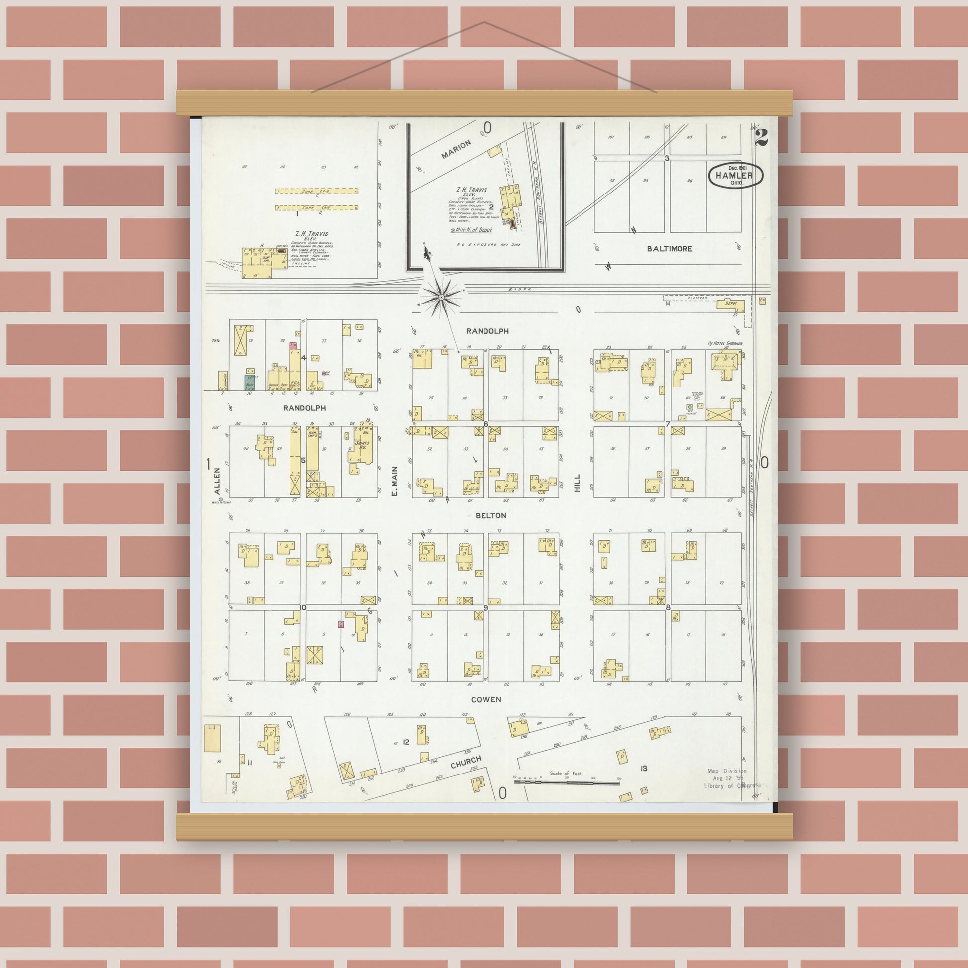Old map wall art mockup — magnetic wood frame on brick wall — Sanborn Fire Insurance Map from Hamler, Henry County, Ohio (1901), Sheet #0002