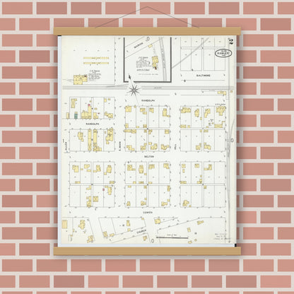 Old map wall art mockup — magnetic wood frame on brick wall — Sanborn Fire Insurance Map from Hamler, Henry County, Ohio (1901), Sheet #0002