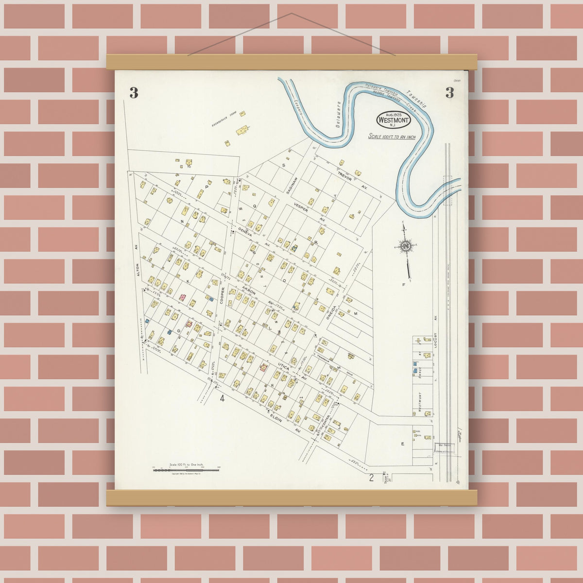 Old map wall art mockup — magnetic wood frame on brick wall — Sanborn Fire Insurance Map from Westmont, Camden County, New Jersey (1925), Sheet #0003