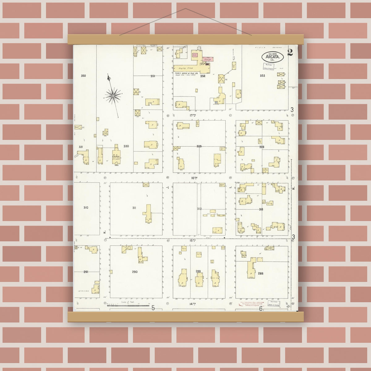 Old map wall art mockup — magnetic wood frame on brick wall — Sanborn Fire Insurance Map from Arcata, Humboldt County, California (1908), Sheet #0002