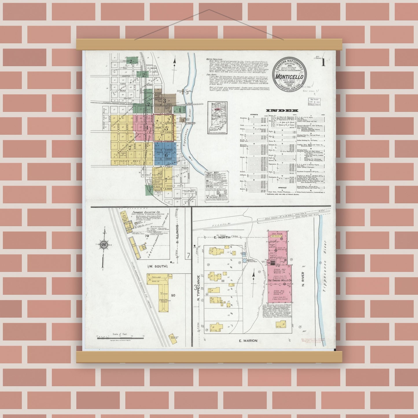 Old map wall art mockup — magnetic wood frame on brick wall — Sanborn Fire Insurance Map from Monticello, White County, Indiana (1919), Sheet #0001